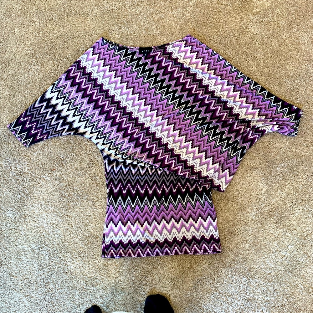 Snap Asymmetrical one shoulder mini dress / top purple Chevron print, size S - Picture 3 of 7